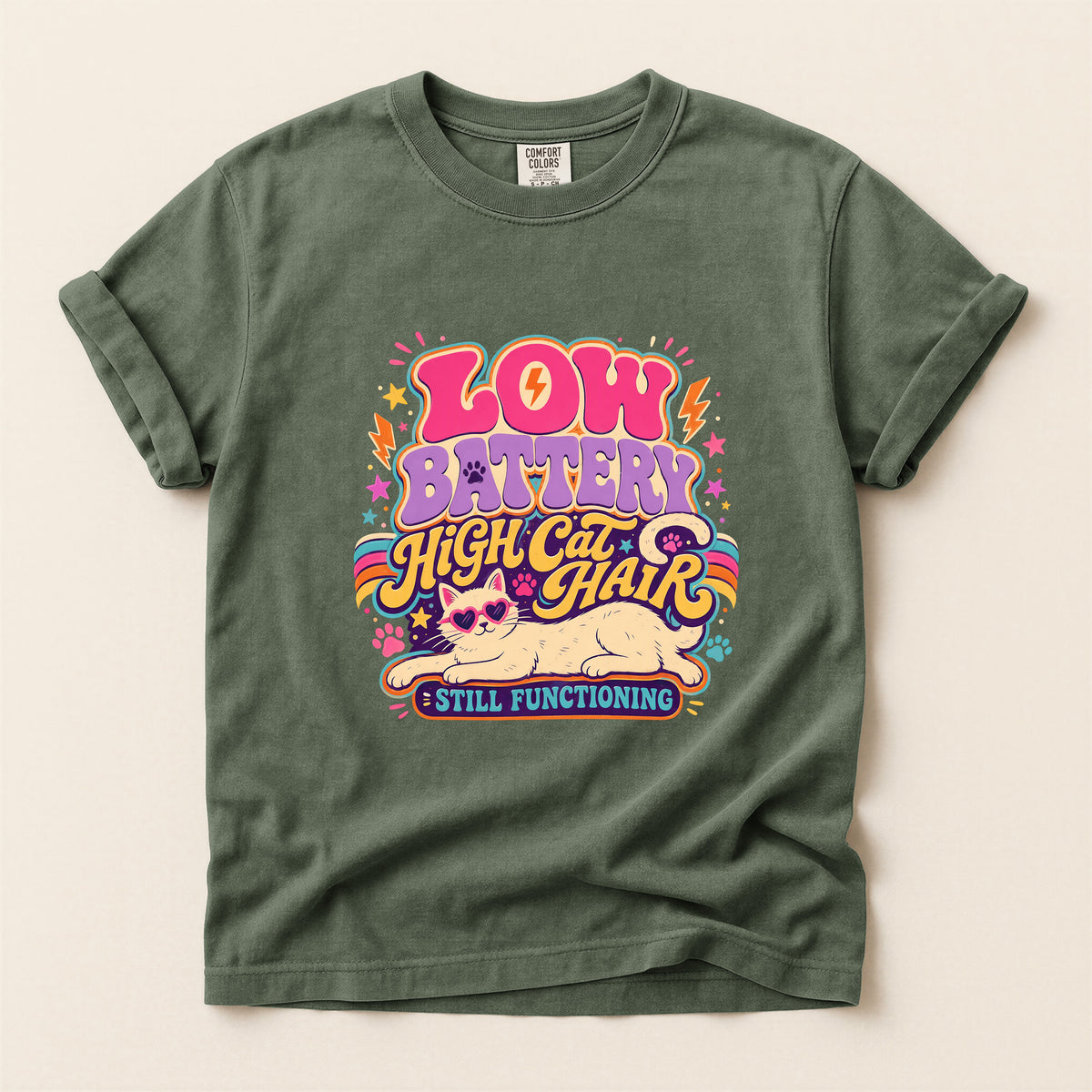 Low Battery High Cat Hair graphic tee in Moss, folded flat lay