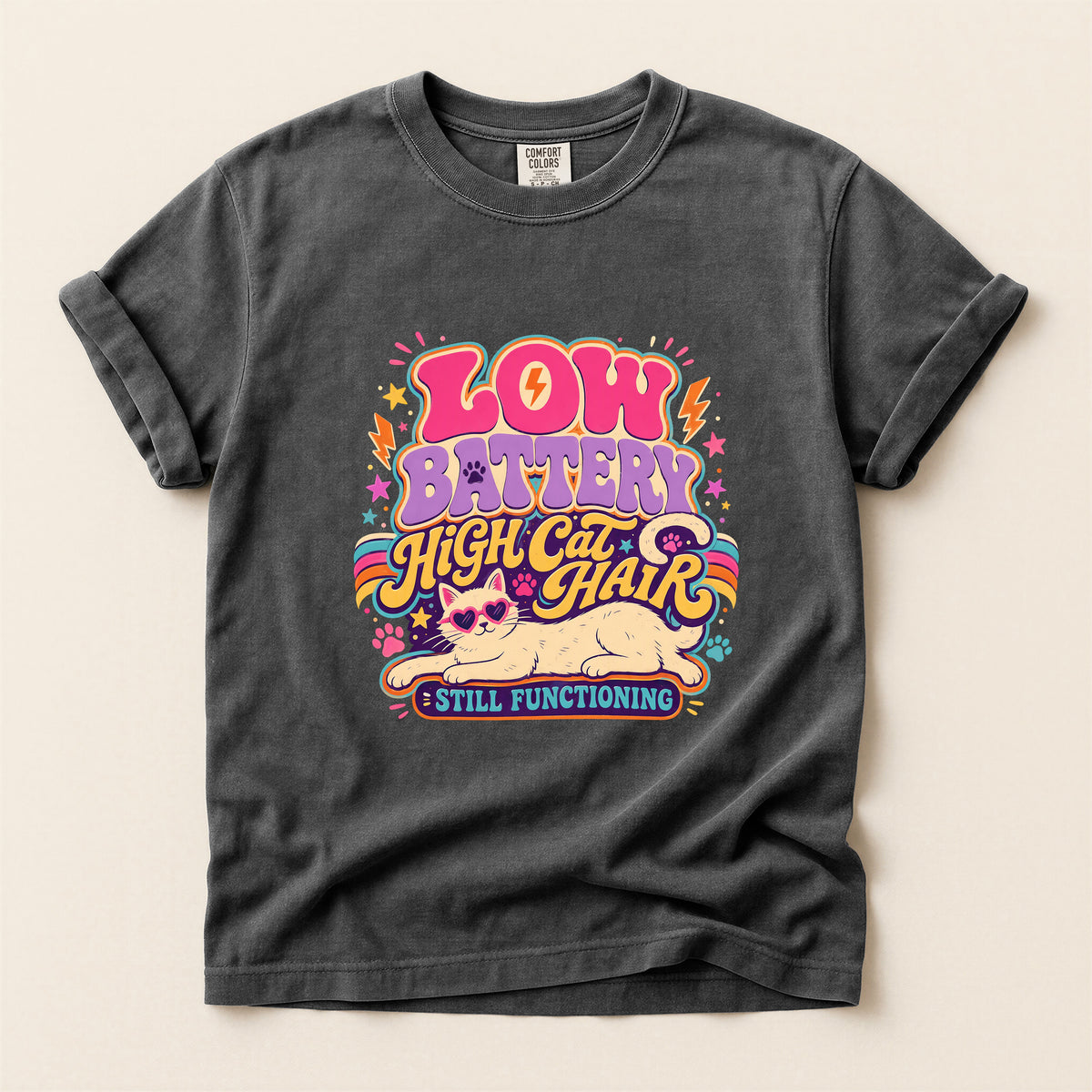 Low Battery High Cat Hair graphic tee in Pepper, folded flat lay