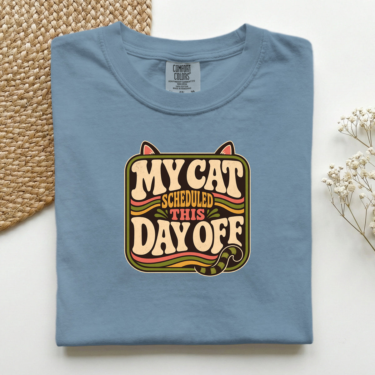 My Cat Scheduled This Day Off graphic tee in Blue Jean, folded flat lay