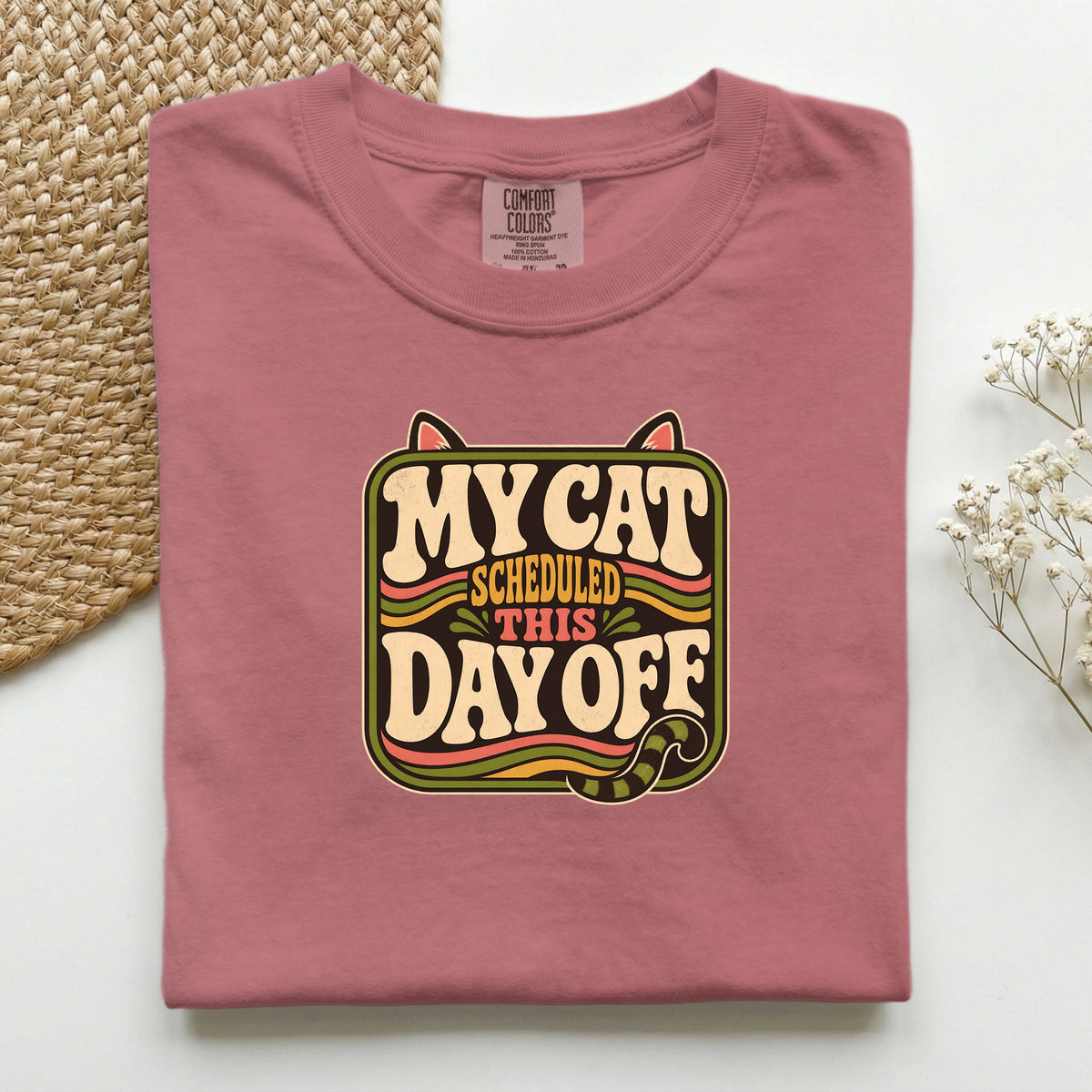 My Cat Scheduled This Day Off graphic tee in Brick, folded flat lay