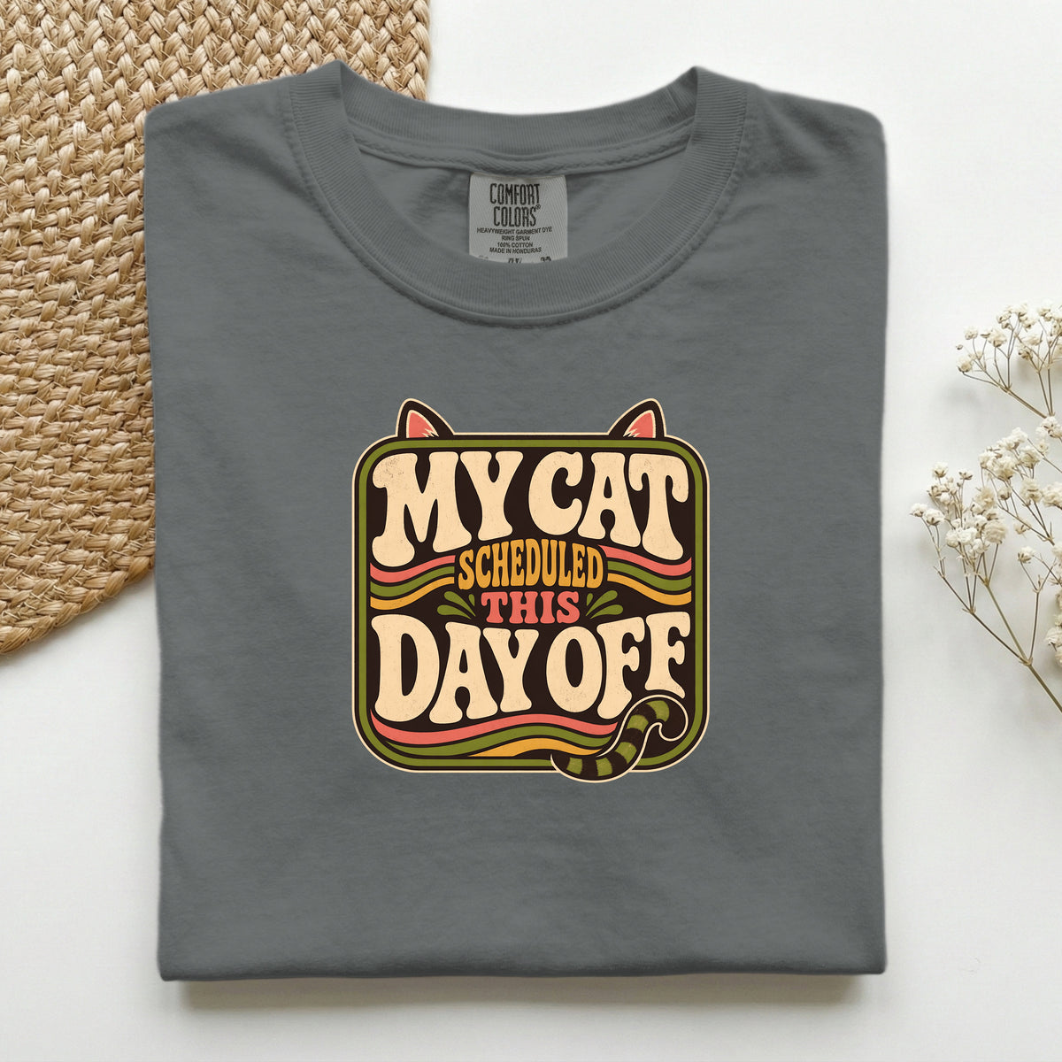 My Cat Scheduled This Day Off graphic tee in Pepper, folded flat lay