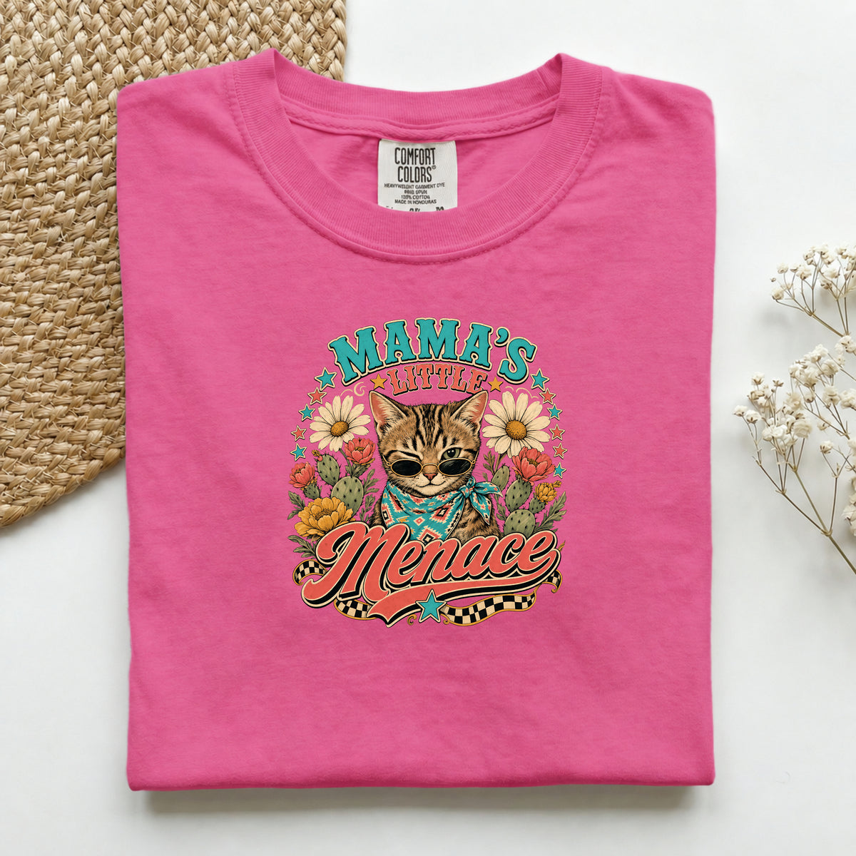 Mama's Little Menace graphic tee in Crunchberry, folded flat lay