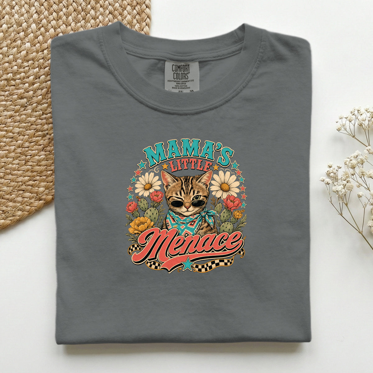 Mama's Little Menace graphic tee in Pepper, folded flat lay