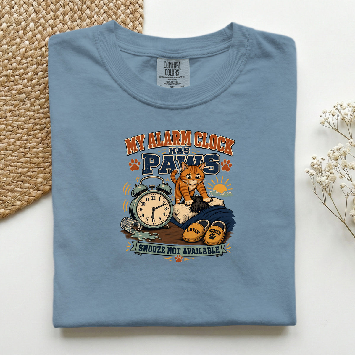 My Alarm Clock Has Paws – Blue Jean Comfort Colors tee