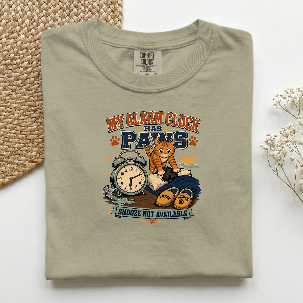 My Alarm Clock Has Paws – Khaki Comfort Colors tee