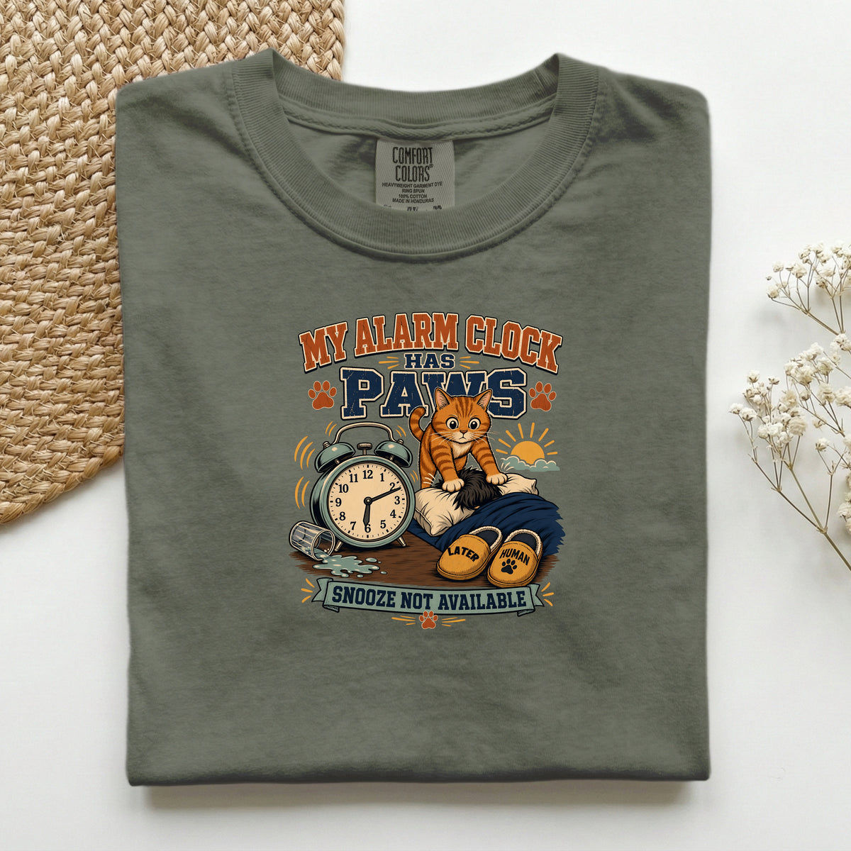 My Alarm Clock Has Paws – Moss Comfort Colors tee