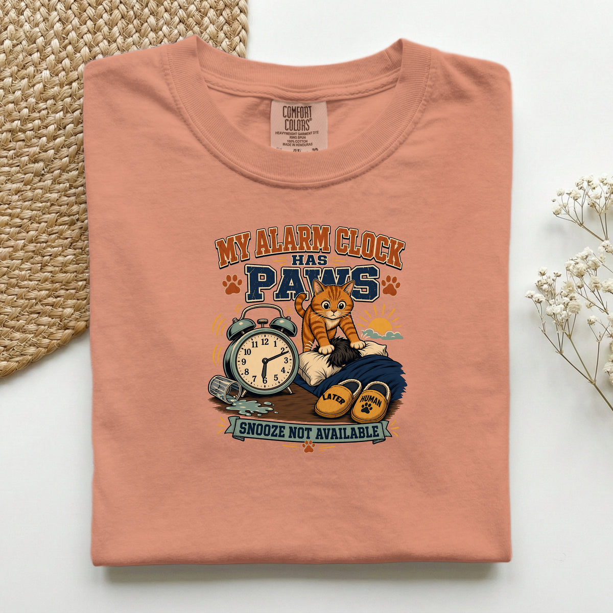 My Alarm Clock Has Paws – Terracotta Comfort Colors tee
