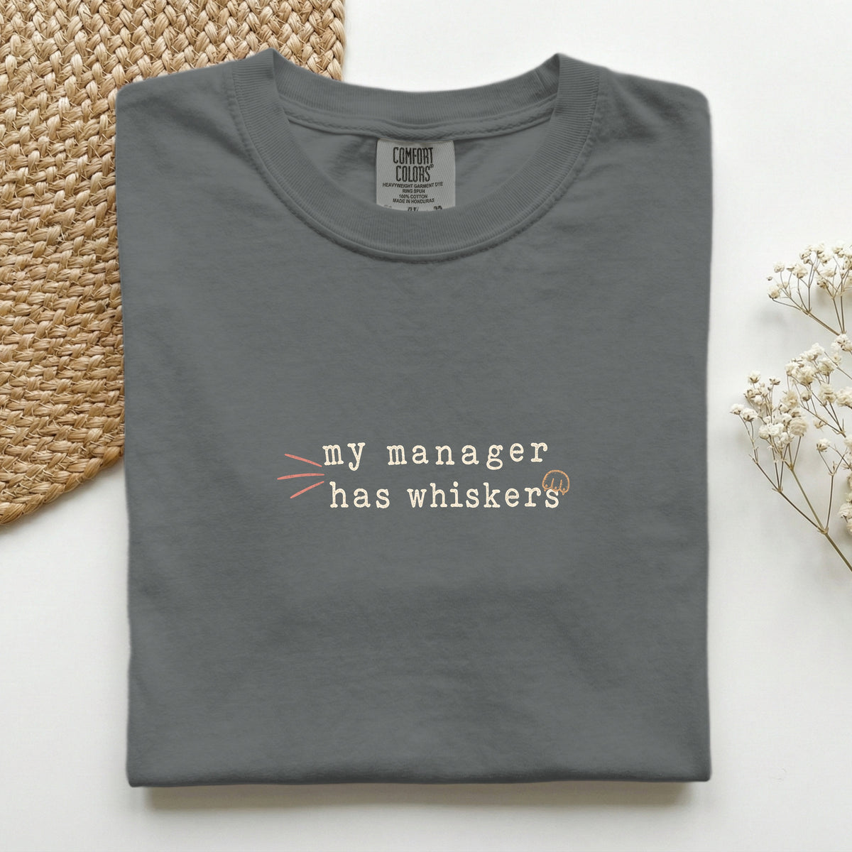 My Manager Has Whiskers graphic tee in Pepper, folded flat lay