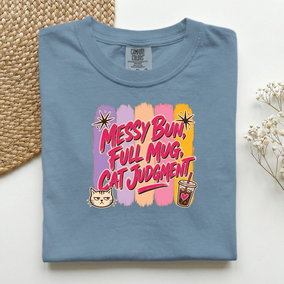 Messy Bun Full Mug Cat Judgment graphic tee in Blue Jean, folded flat lay