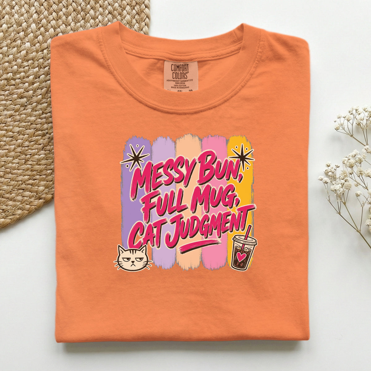 Messy Bun Full Mug Cat Judgment graphic tee in Burnt Orange, folded flat lay