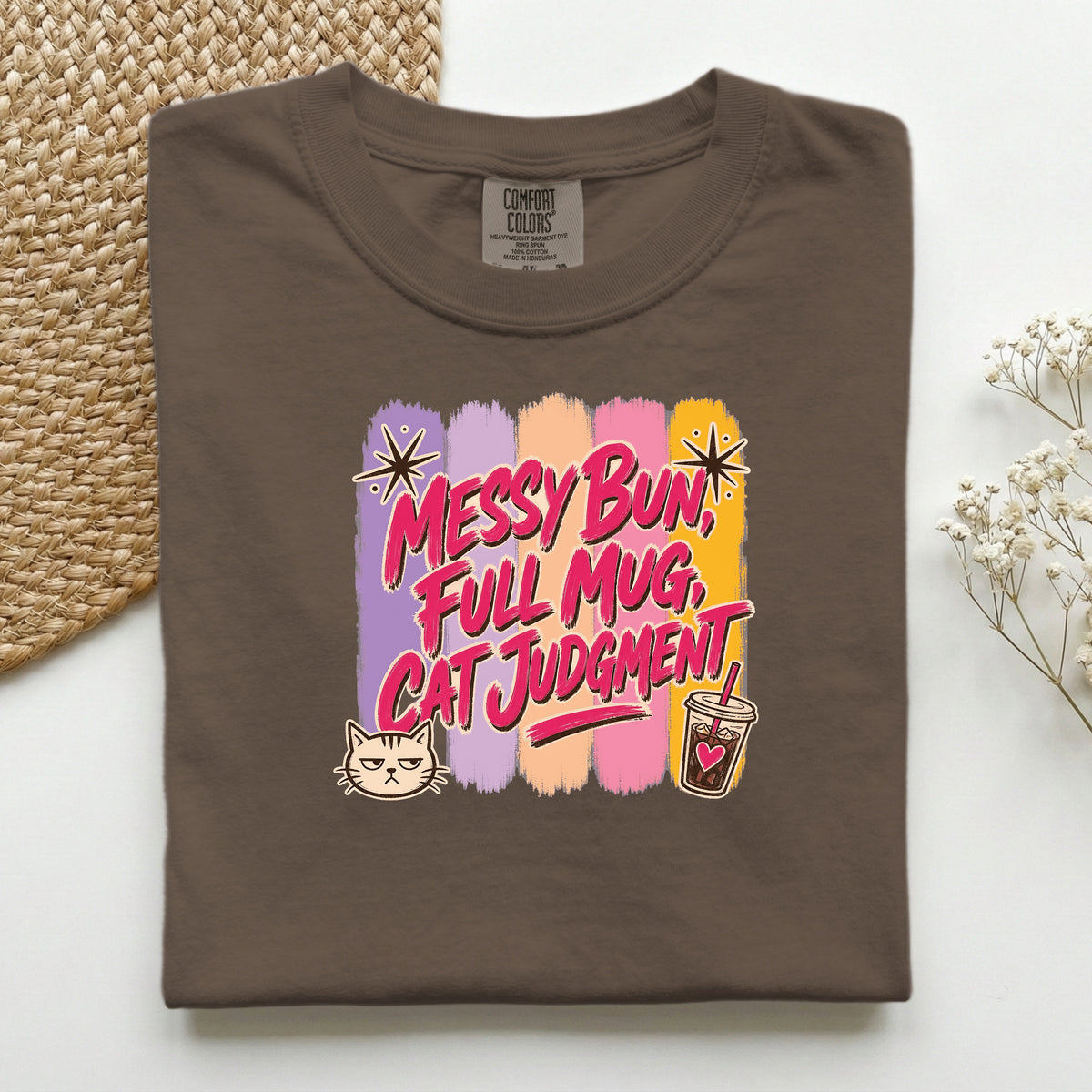 Messy Bun Full Mug Cat Judgment graphic tee in Espresso, folded flat lay