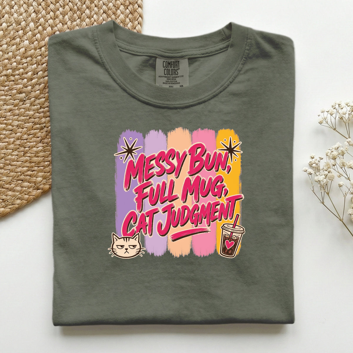 Messy Bun Full Mug Cat Judgment graphic tee in Moss, folded flat lay