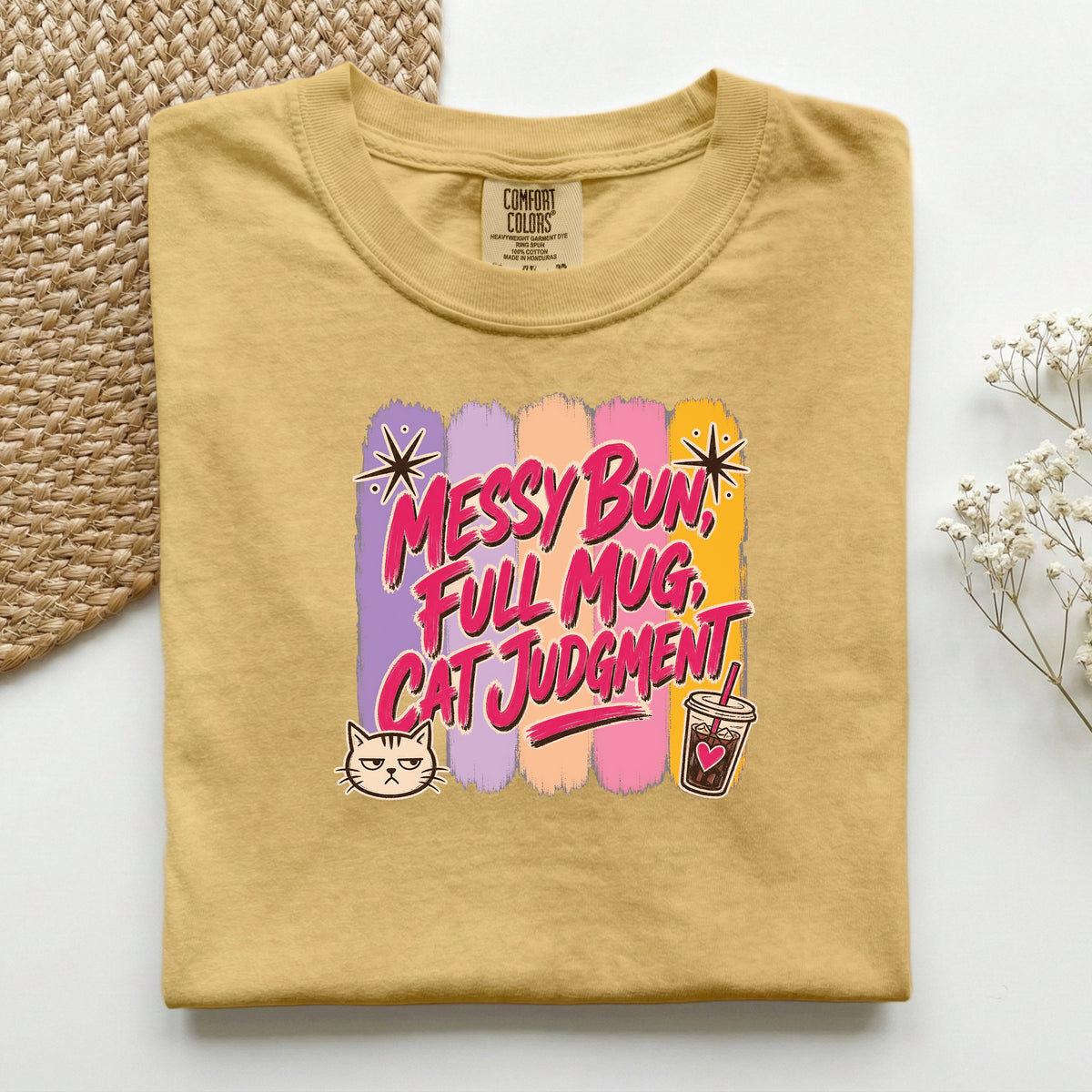 Messy Bun Full Mug Cat Judgment graphic tee in Mustard, folded flat lay