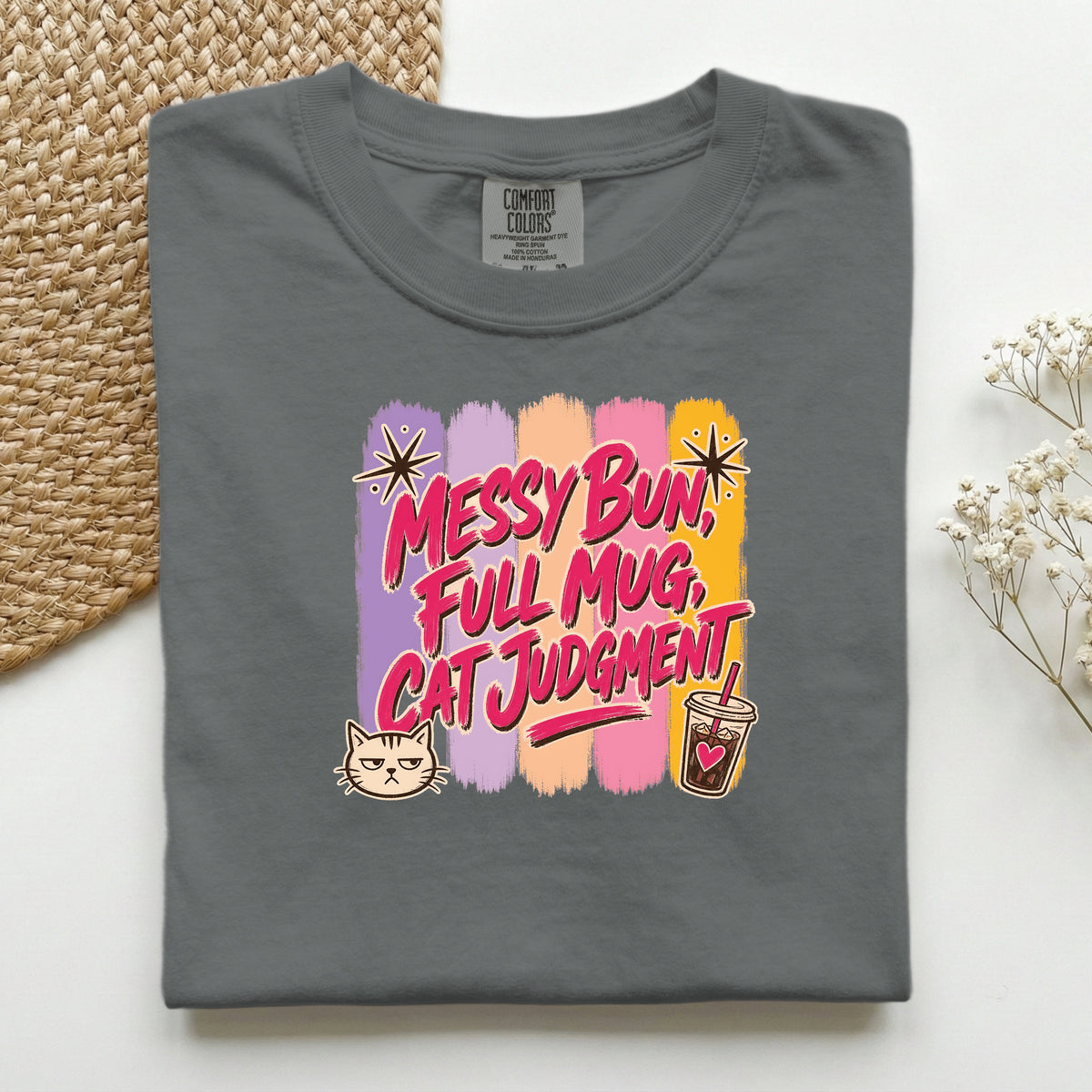 Messy Bun Full Mug Cat Judgment graphic tee in Pepper, folded flat lay