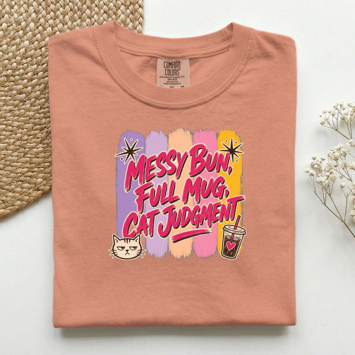 Messy Bun Full Mug Cat Judgment graphic tee in Terracotta, folded flat lay