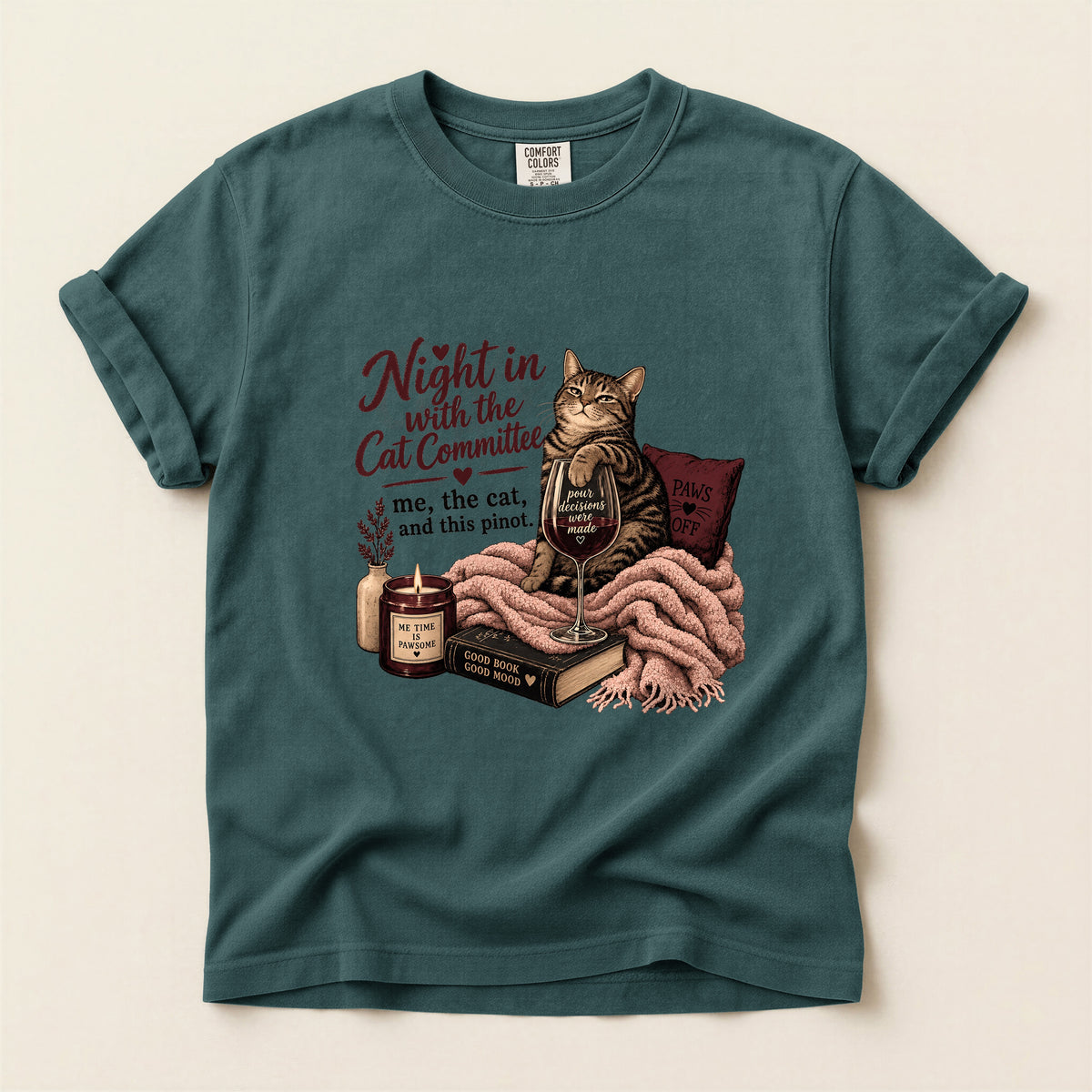 Night In With the Cat Committee Comfort Colors tee in Blue Spruce – cat mum cosy night in gift