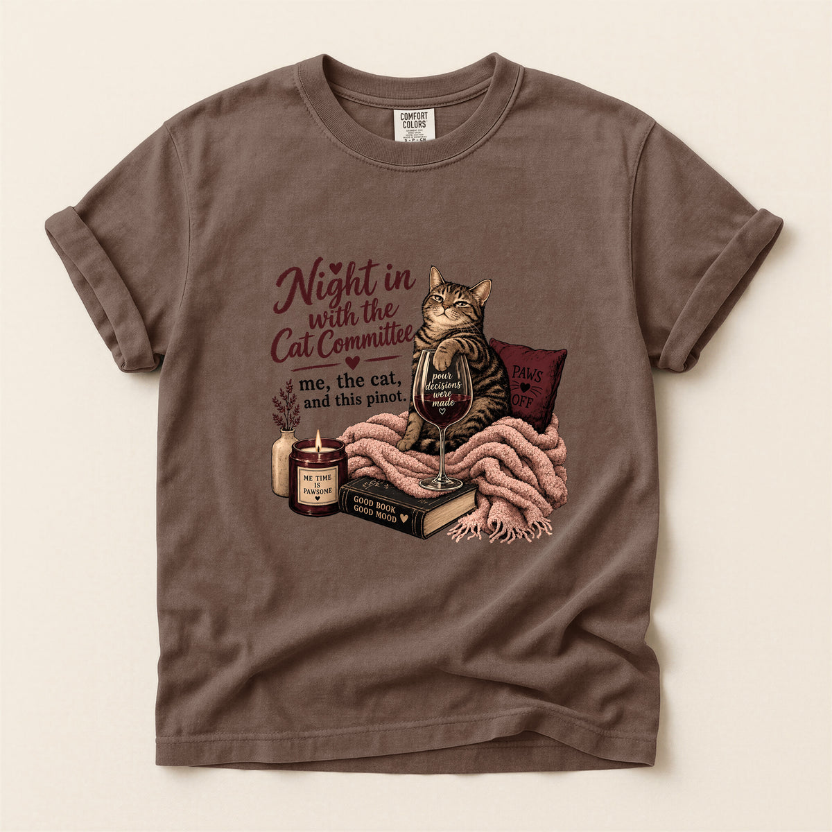 Night In With the Cat Committee Comfort Colors tee in Espresso – cat mum cosy night in gift