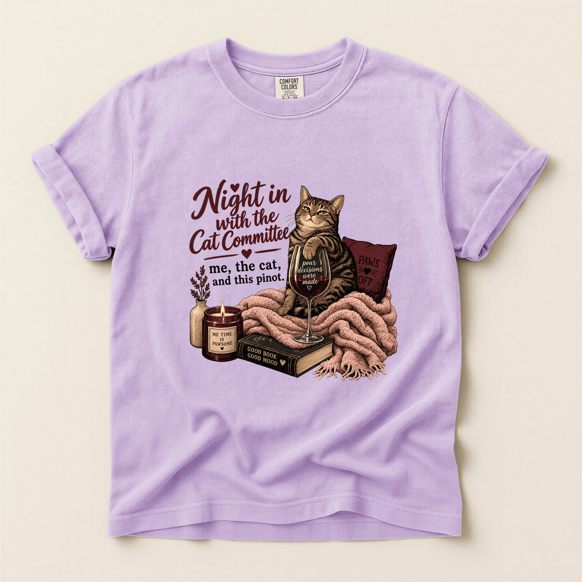 Night In With the Cat Committee Comfort Colors tee in Orchid – cat mum cosy night in gift
