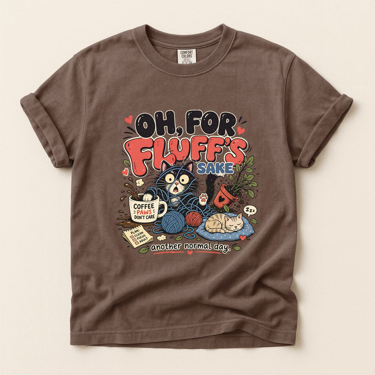 Oh, For Fluff's Sake graphic tee in Espresso, flat lay