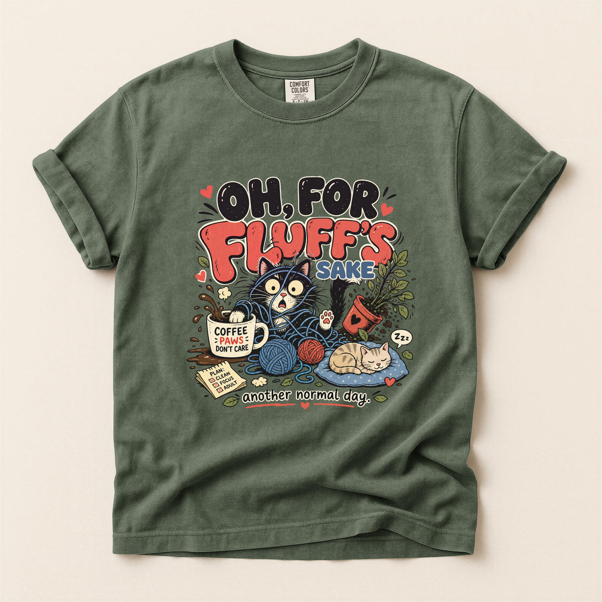 Oh, For Fluff's Sake graphic tee in Moss, flat lay