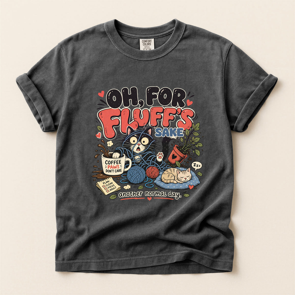 Oh, For Fluff's Sake graphic tee in Pepper, flat lay