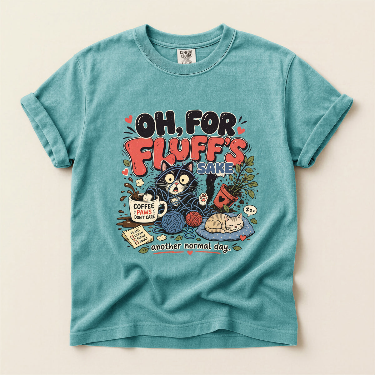 Oh, For Fluff's Sake graphic tee in Seafoam, flat lay