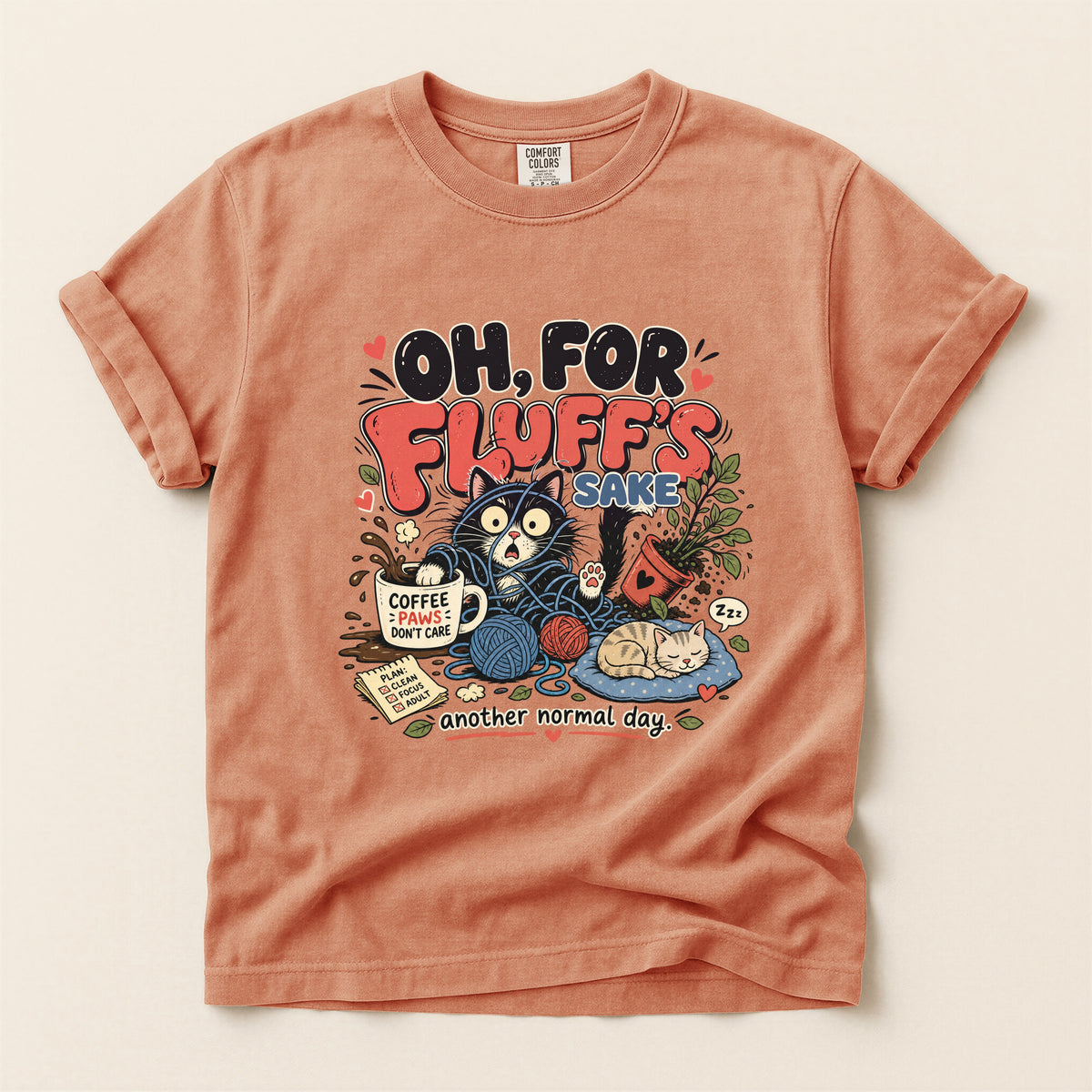 Oh, For Fluff's Sake graphic tee in Terracotta, flat lay