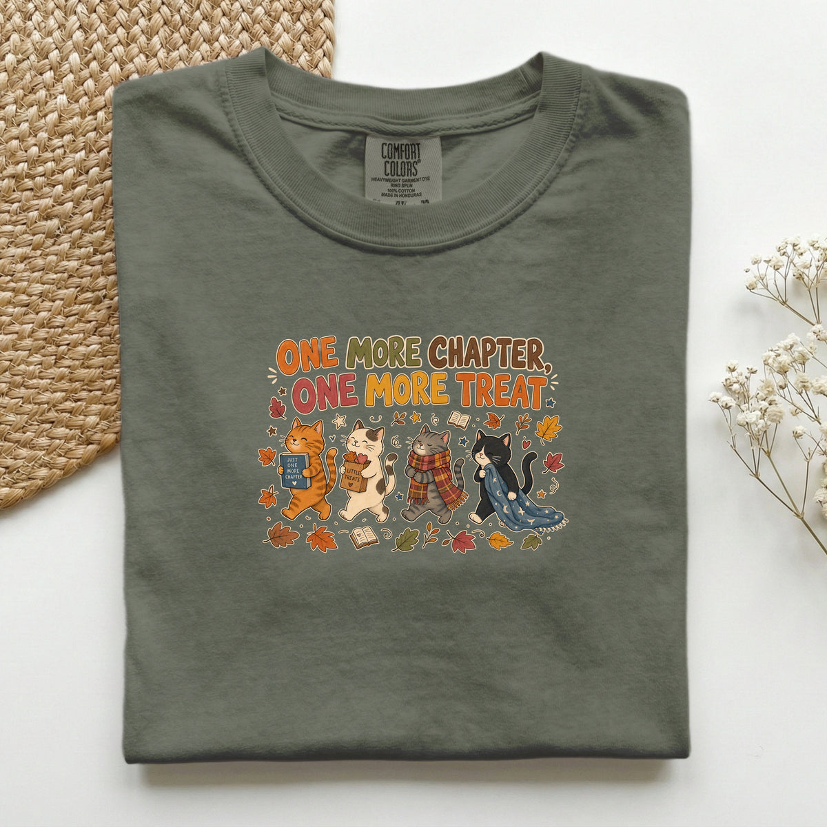 One More Chapter One More Treat graphic tee in Moss, folded flat lay