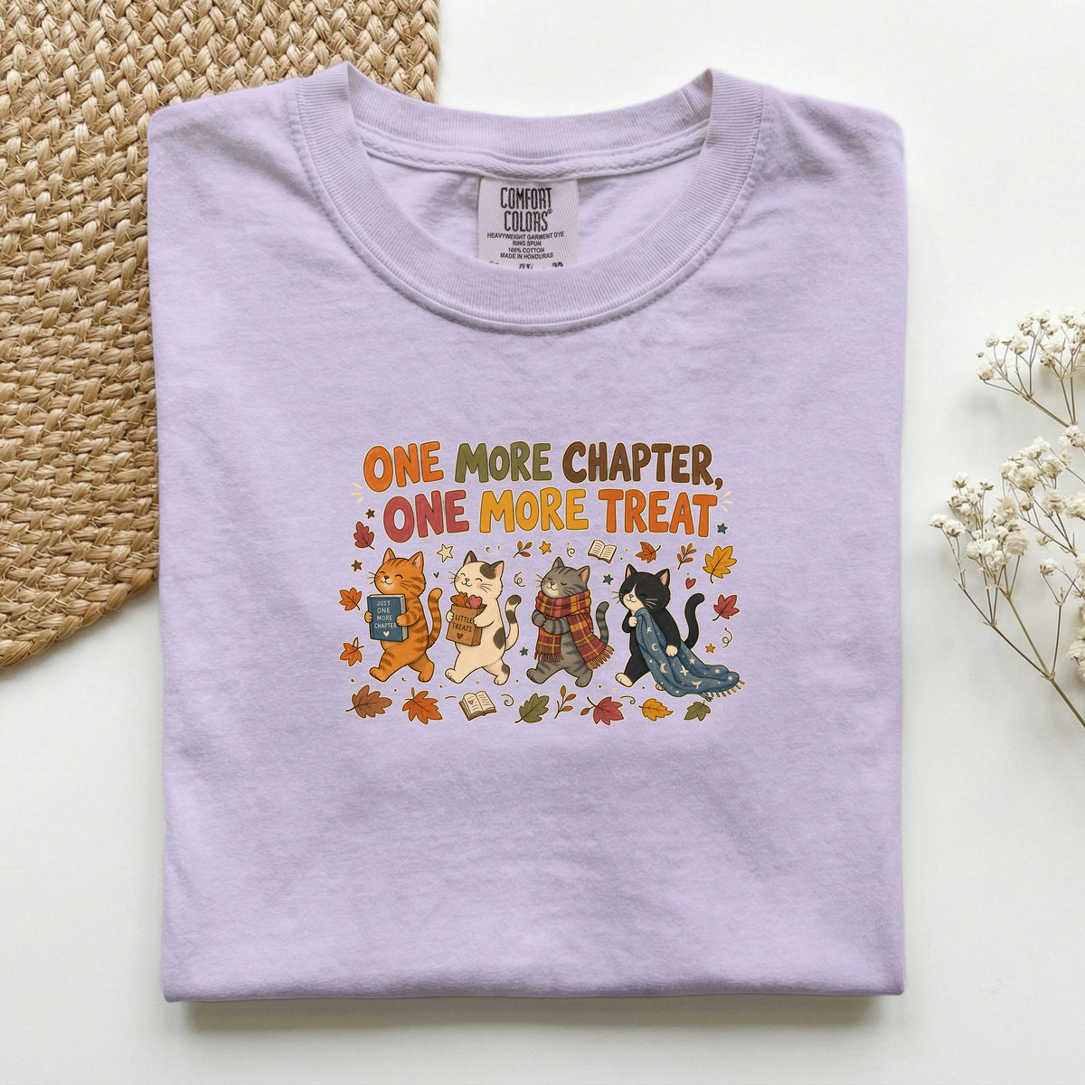 One More Chapter One More Treat graphic tee in Orchid, folded flat lay