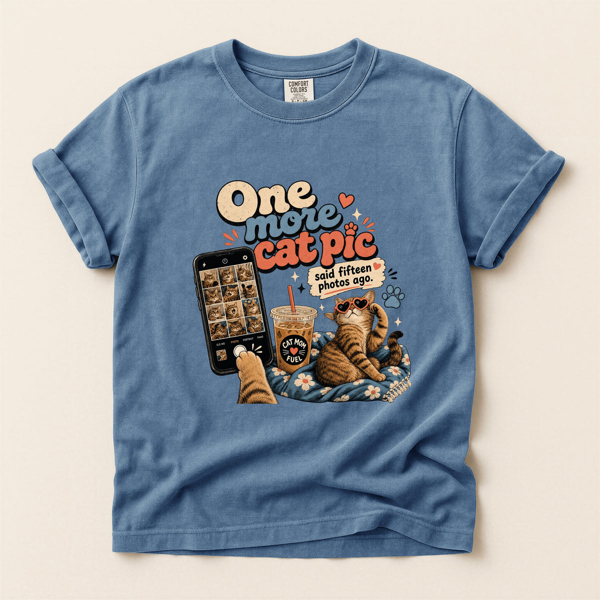 One More Cat Pic graphic tee in Blue Jean, folded flat lay