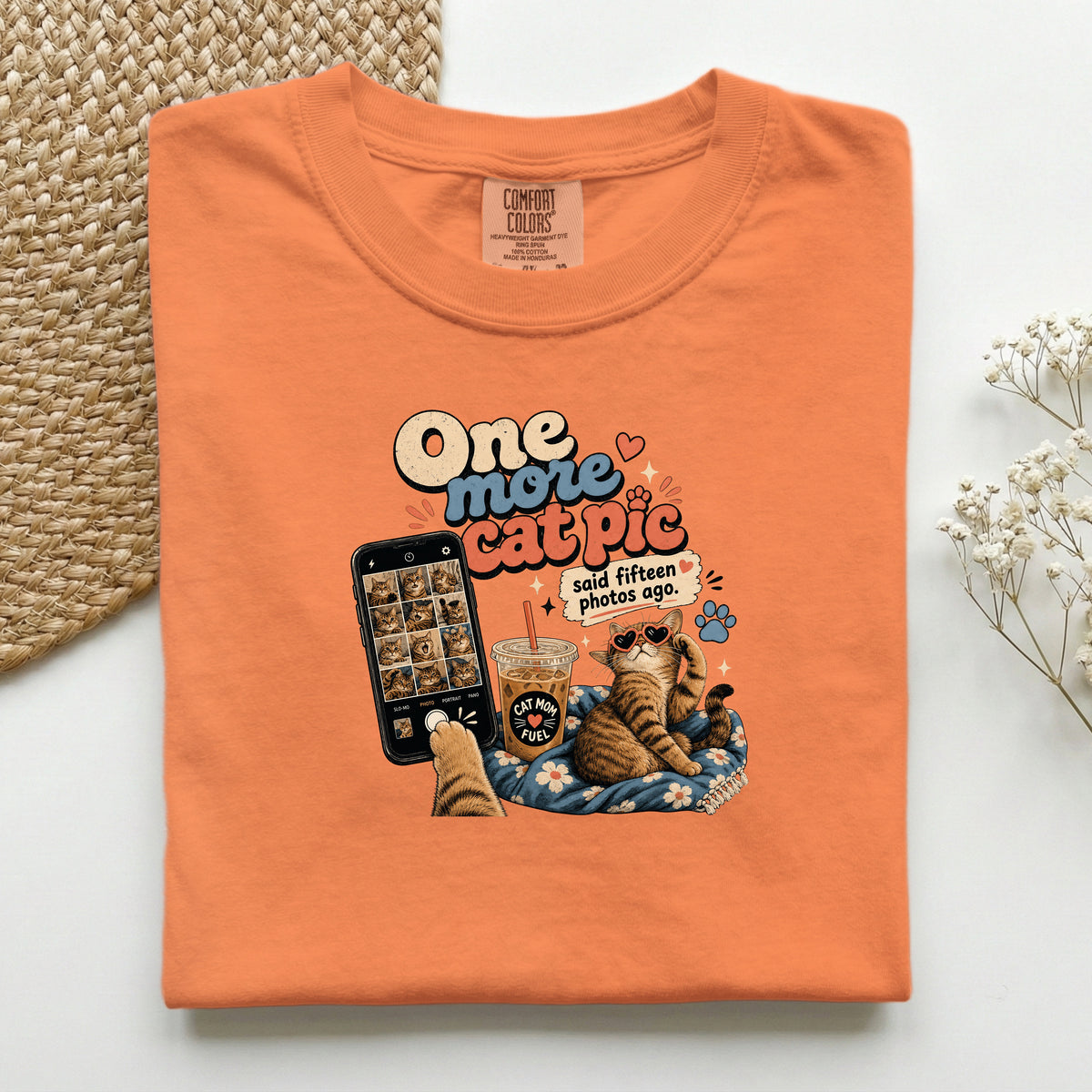 One More Cat Pic graphic tee in Burnt Orange, folded flat lay