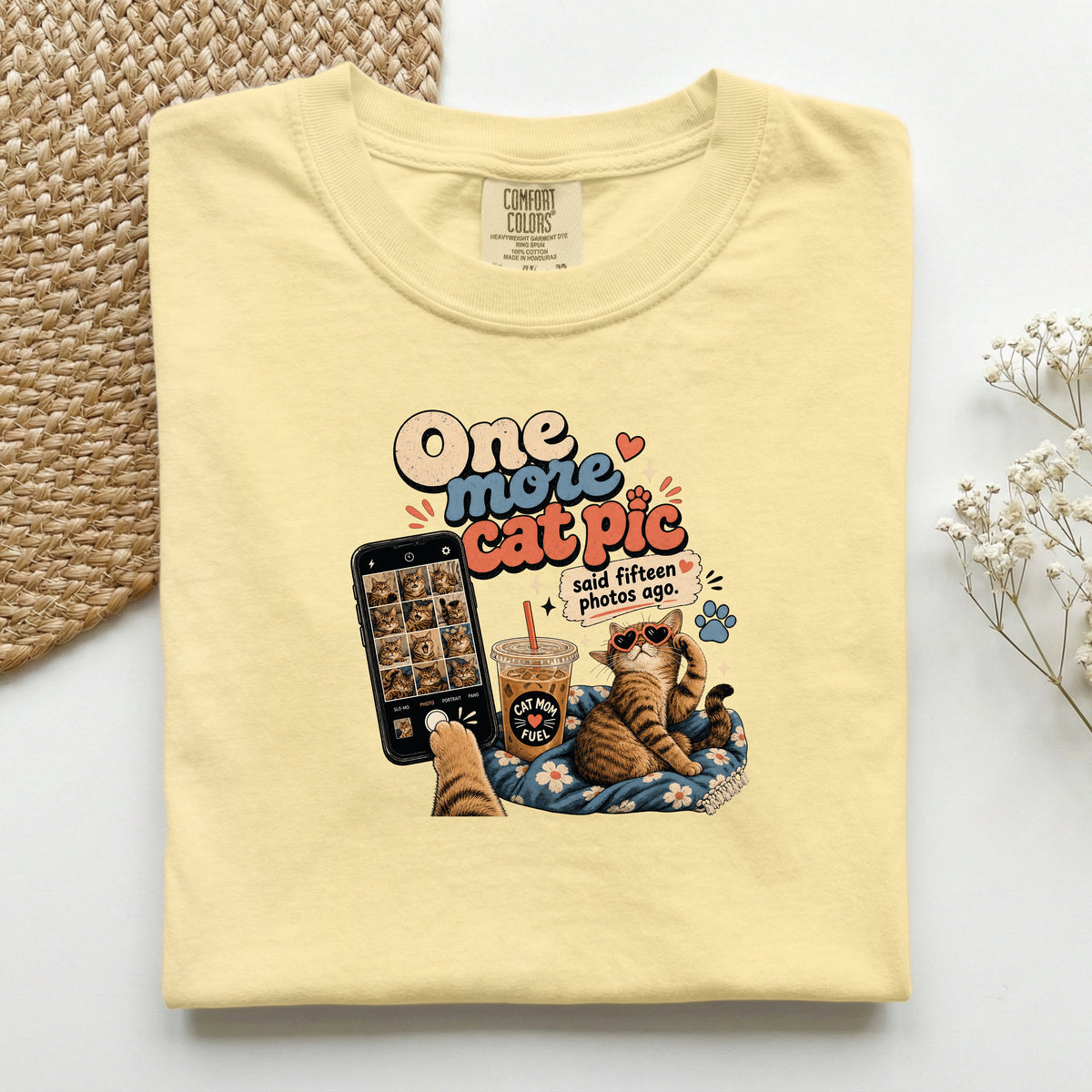 One More Cat Pic graphic tee in Butter, folded flat lay