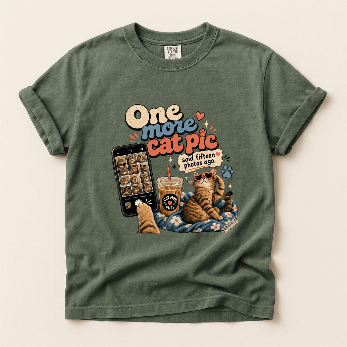 One More Cat Pic graphic tee in Moss, folded flat lay