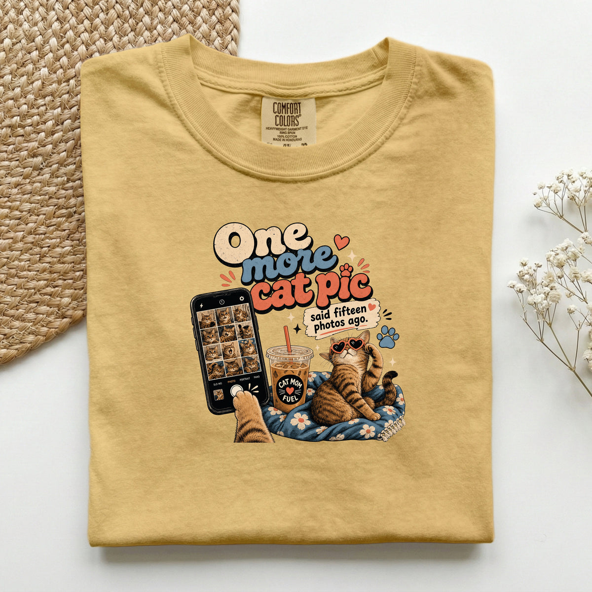 One More Cat Pic graphic tee in Mustard, folded flat lay