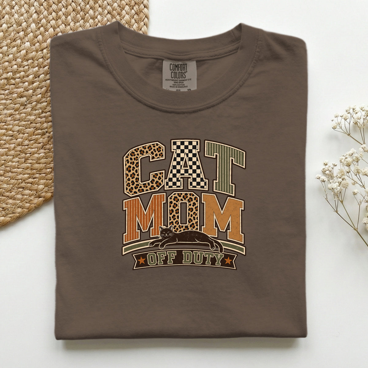 Cat Mom Off Duty graphic tee in Espresso, folded flat lay