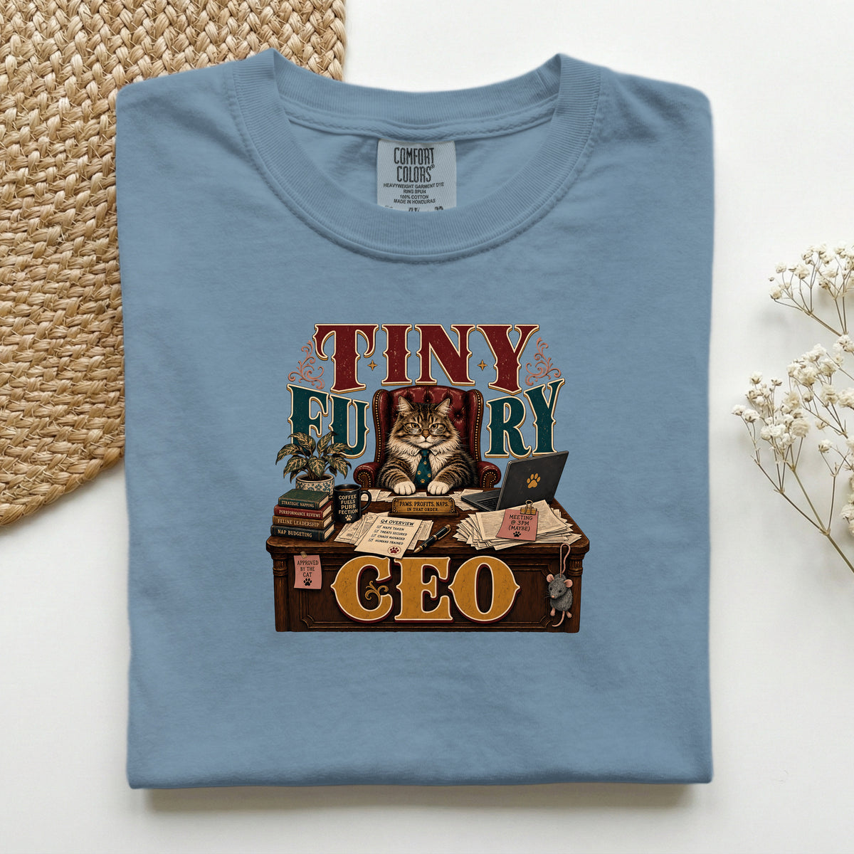 Tiny Furry CEO graphic tee in Blue Jean, folded flat lay