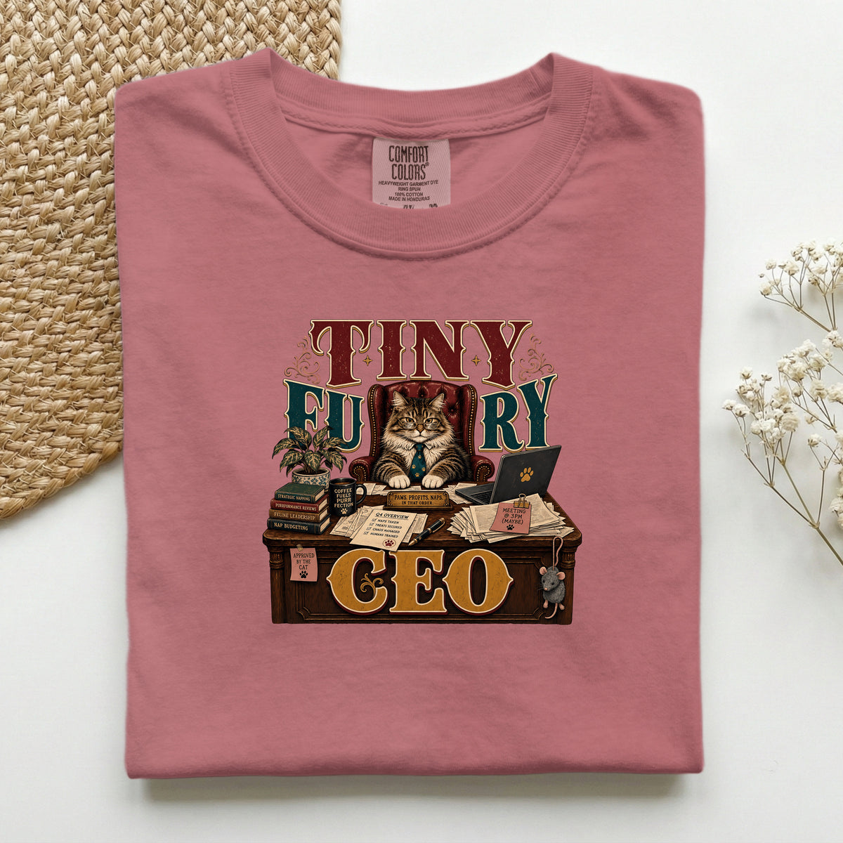 Tiny Furry CEO graphic tee in Brick, folded flat lay