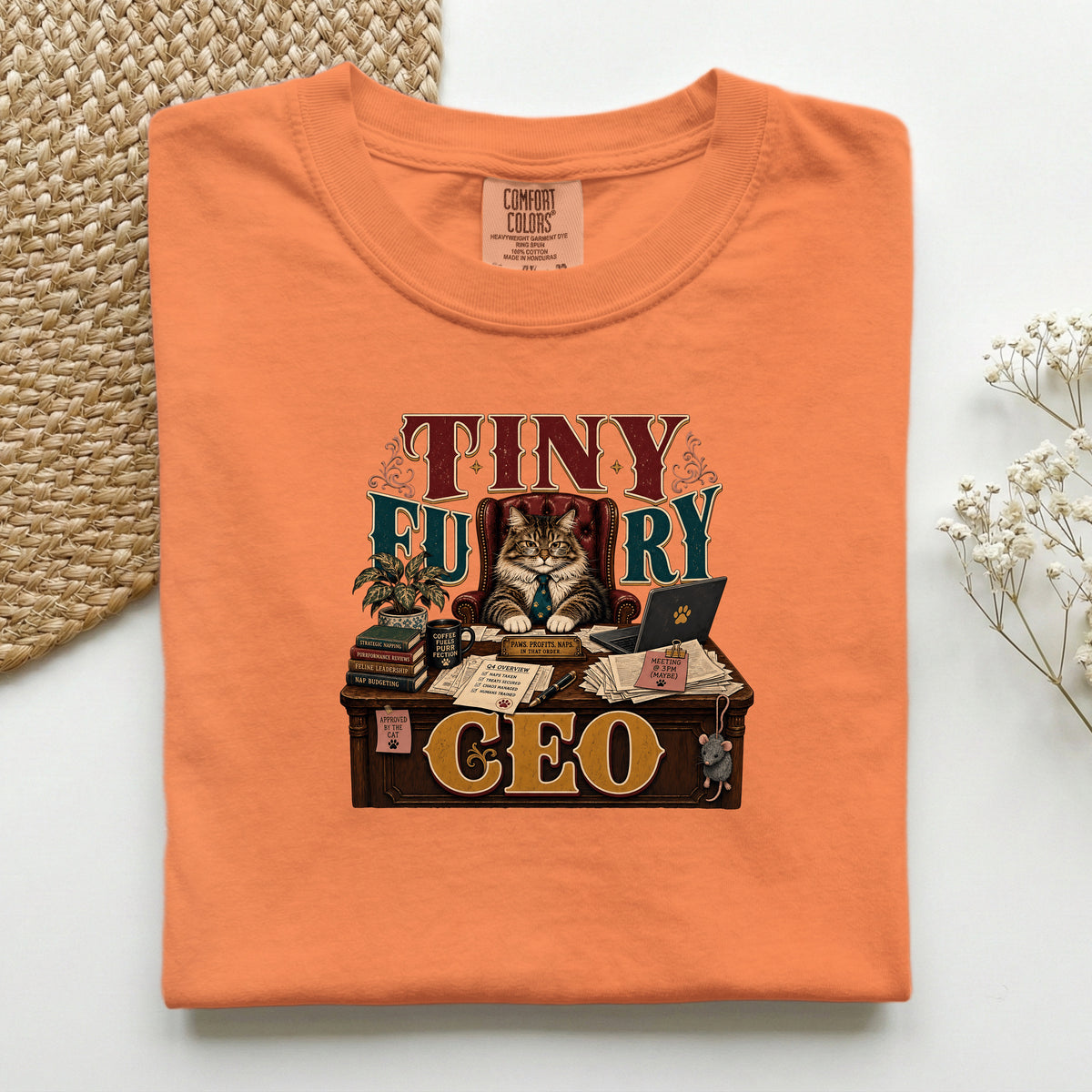 Tiny Furry CEO graphic tee in Burnt Orange, folded flat lay