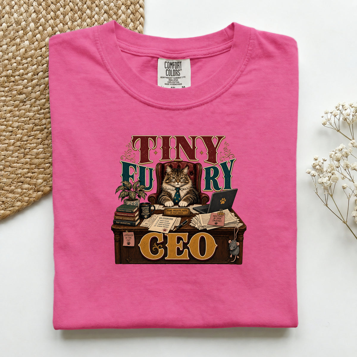 Tiny Furry CEO graphic tee in Crunchberry, folded flat lay