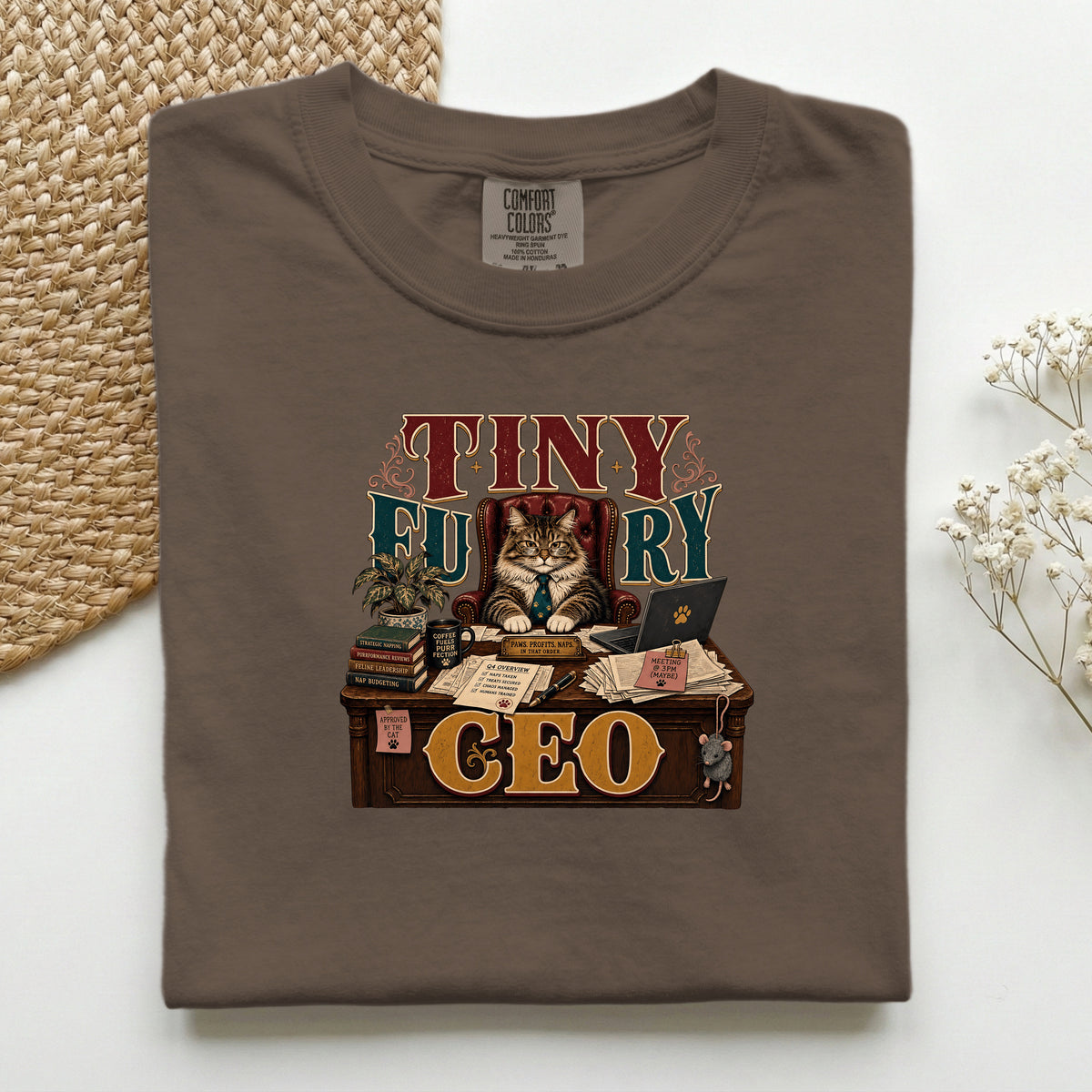 Tiny Furry CEO graphic tee in Espresso, folded flat lay