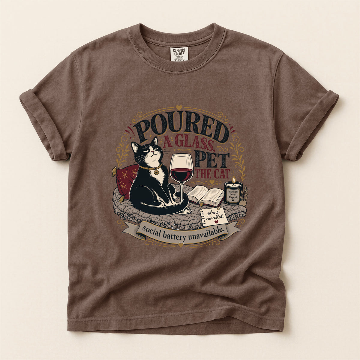 Poured a Glass Pet the Cat graphic tee in Espresso, folded flat lay