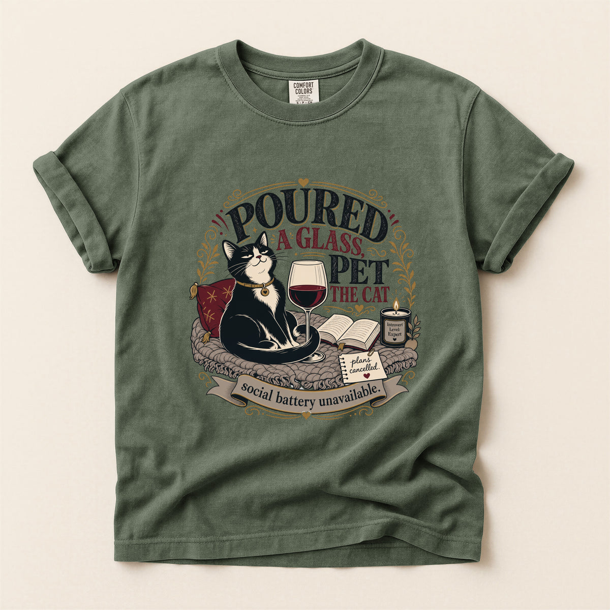 Poured a Glass Pet the Cat graphic tee in Moss, folded flat lay