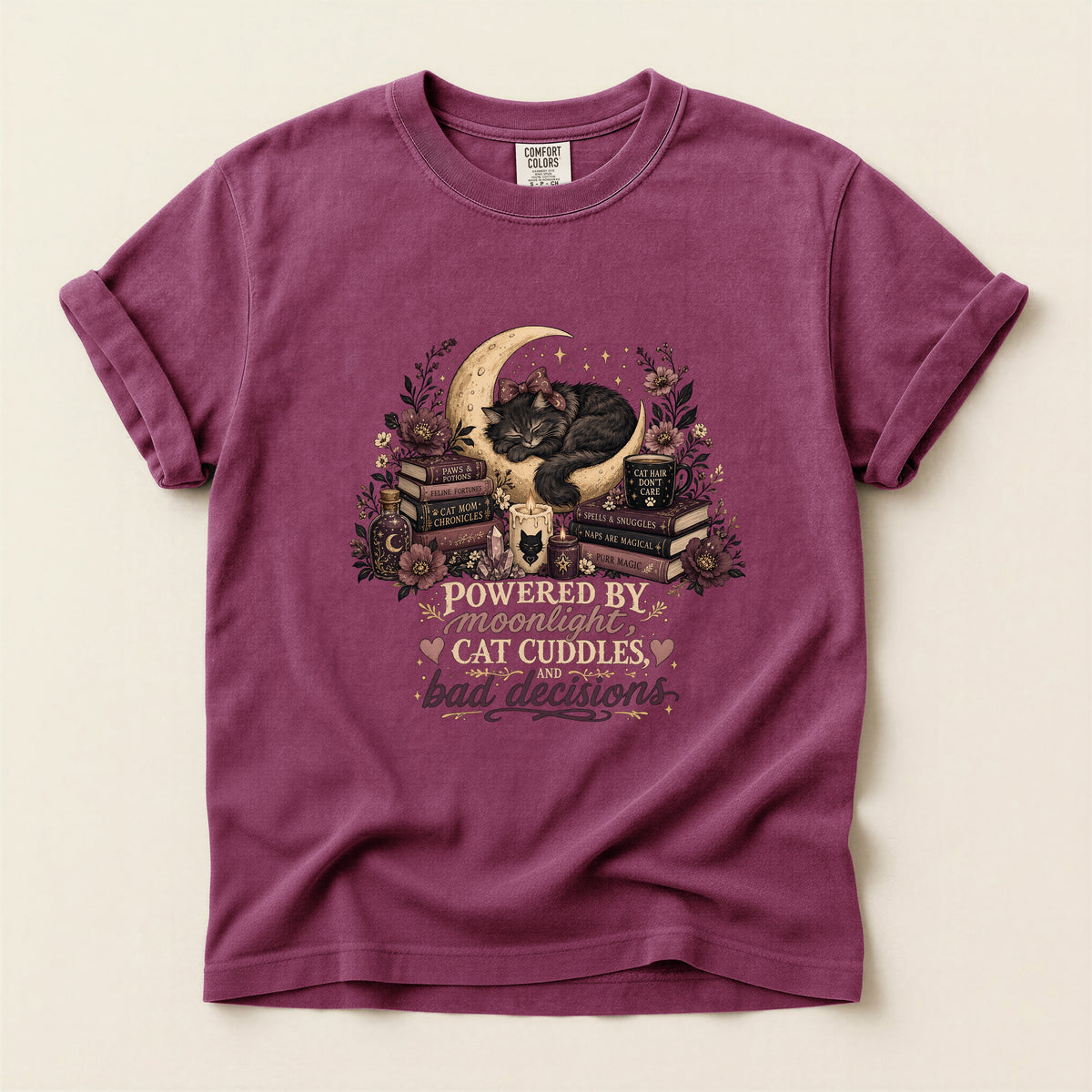Powered By Moonlight Cat Cuddles graphic tee in Berry, folded flat lay
