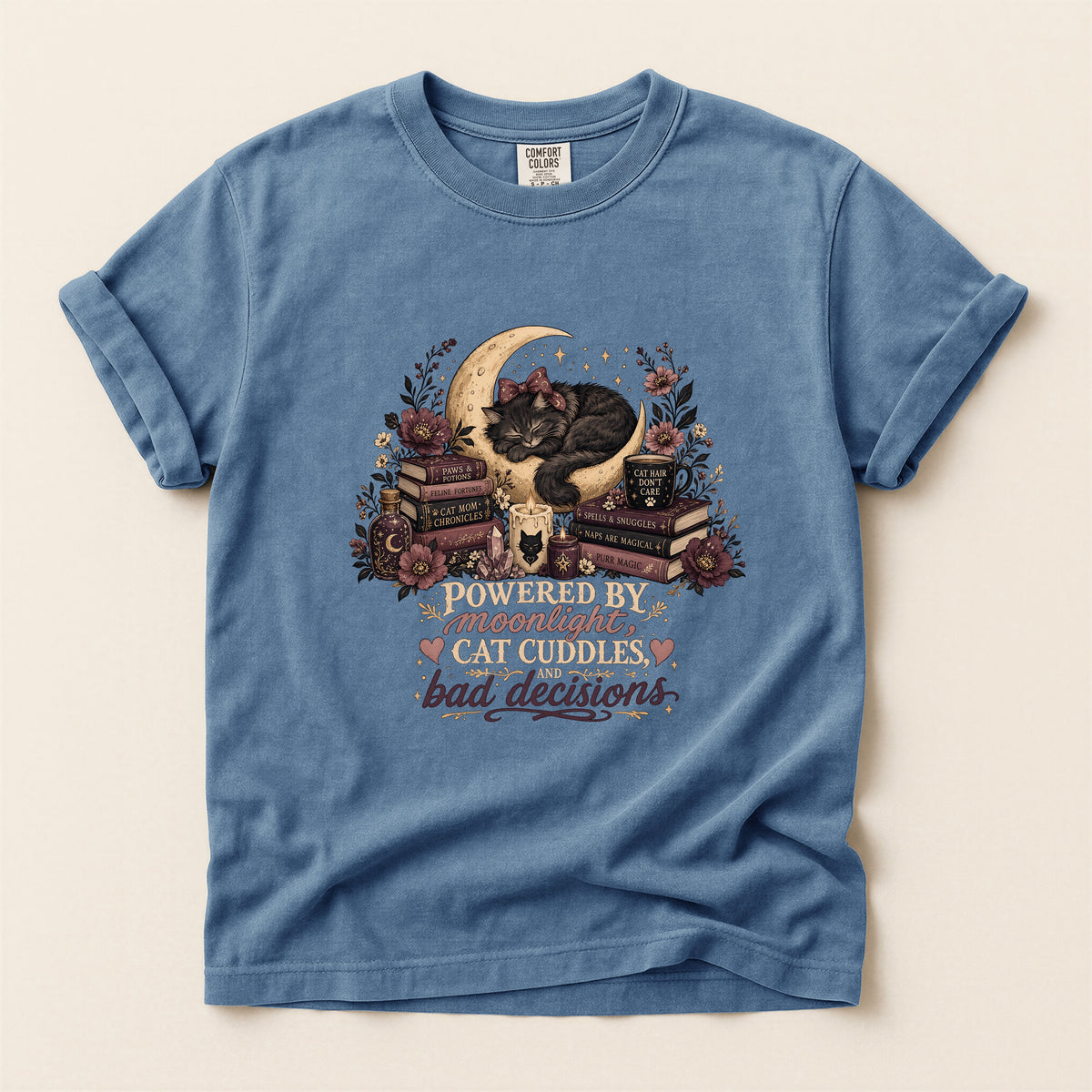 Powered By Moonlight Cat Cuddles graphic tee in Blue Jean, folded flat lay