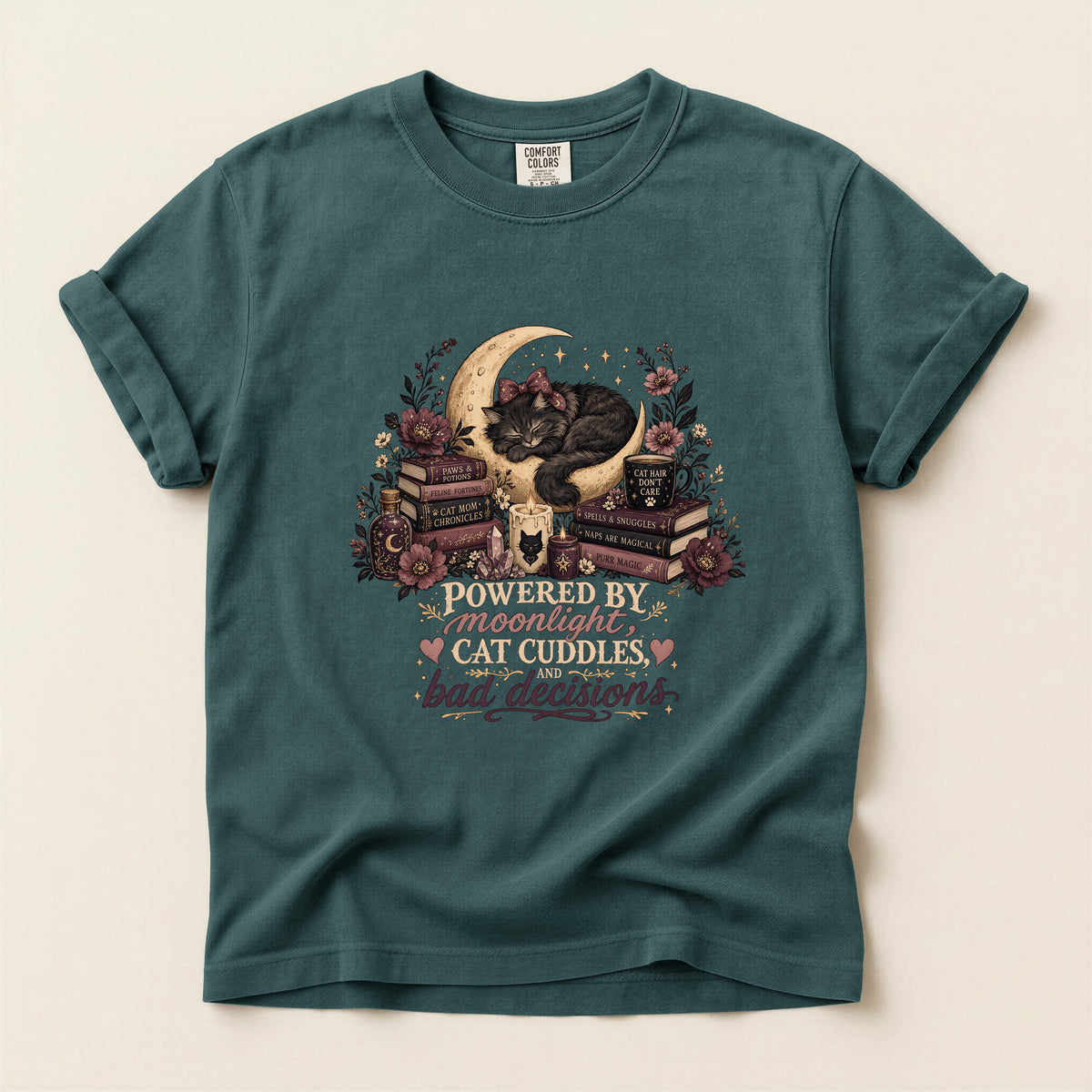 Powered By Moonlight Cat Cuddles graphic tee in Blue Spruce, folded flat lay
