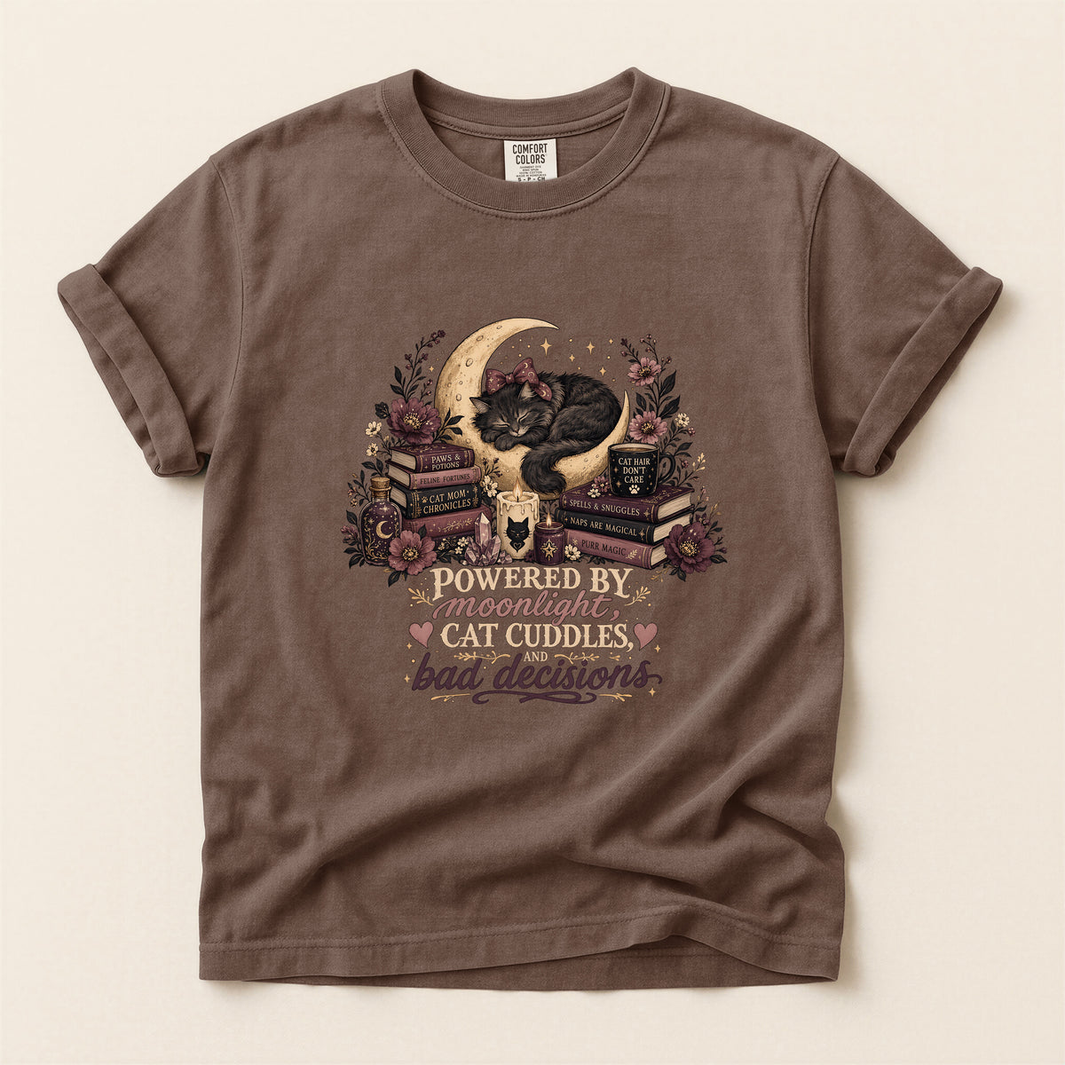 Powered By Moonlight Cat Cuddles graphic tee in Espresso, folded flat lay