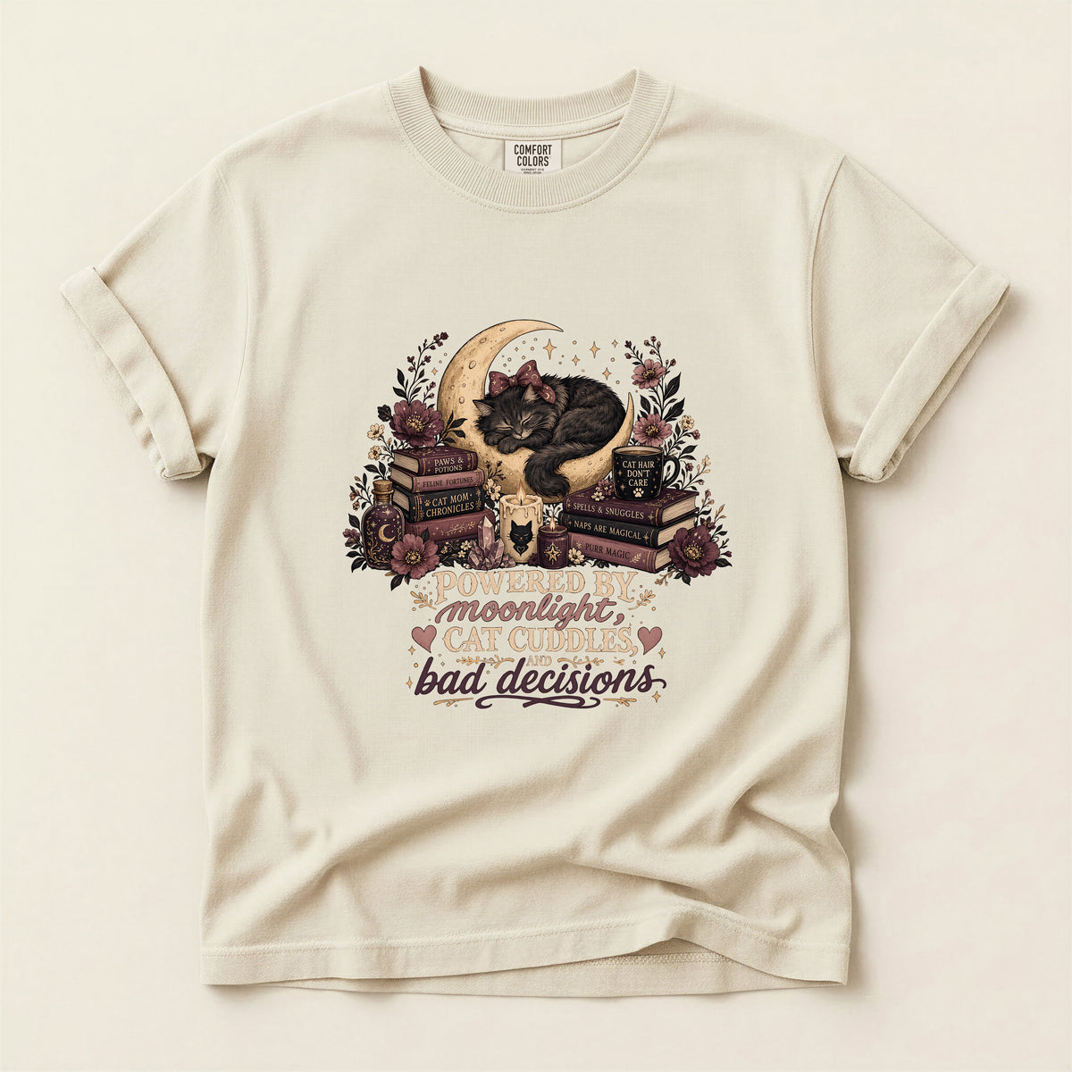Powered By Moonlight Cat Cuddles graphic tee in Ivory, folded flat lay