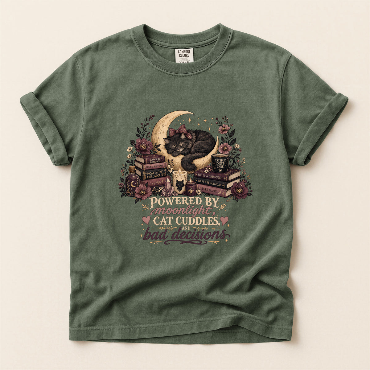 Powered By Moonlight Cat Cuddles graphic tee in Moss, folded flat lay