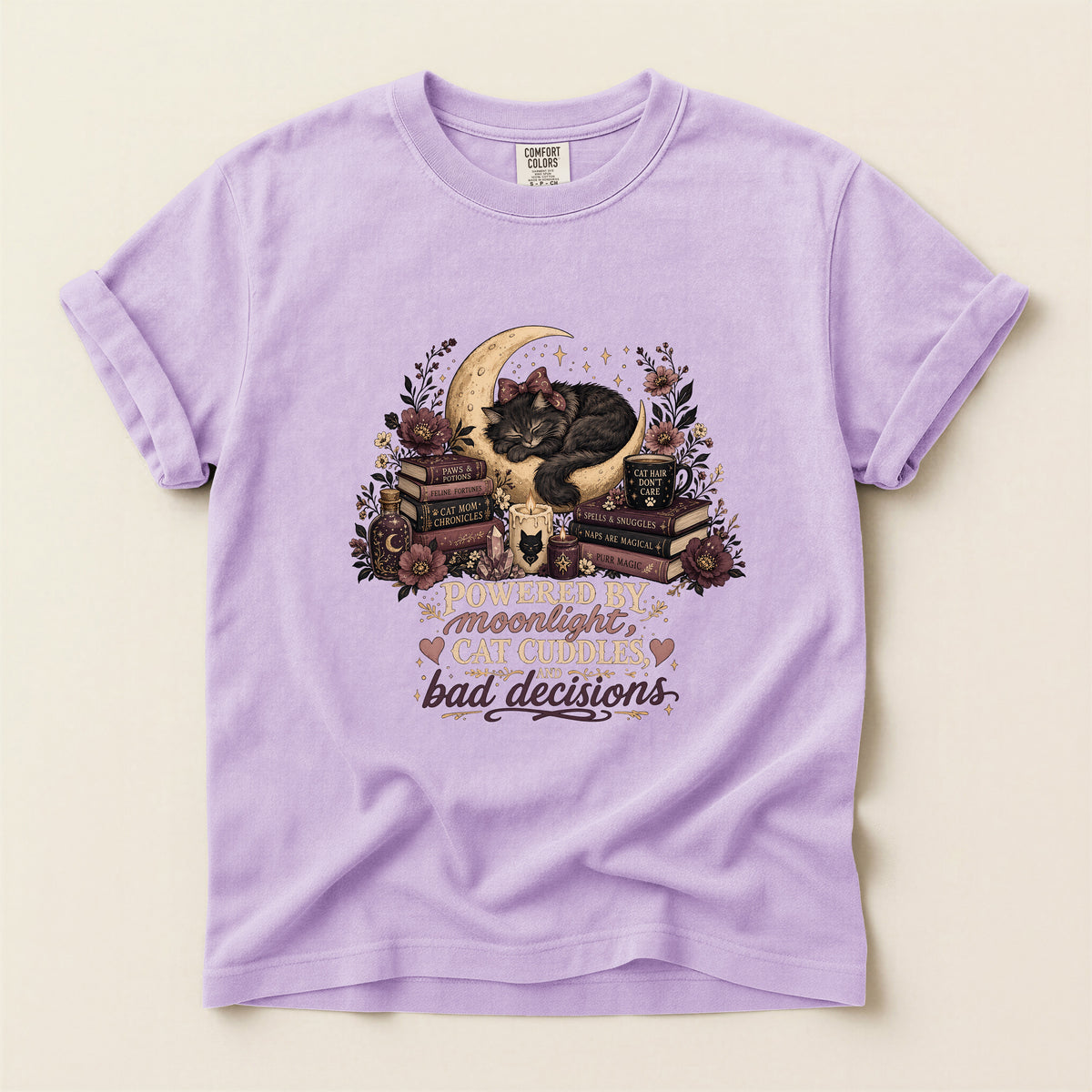 Powered By Moonlight Cat Cuddles graphic tee in Orchid, folded flat lay