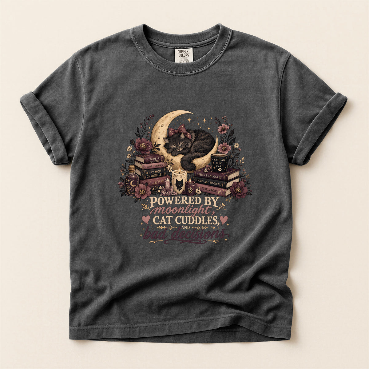 Powered By Moonlight Cat Cuddles graphic tee in Pepper, folded flat lay